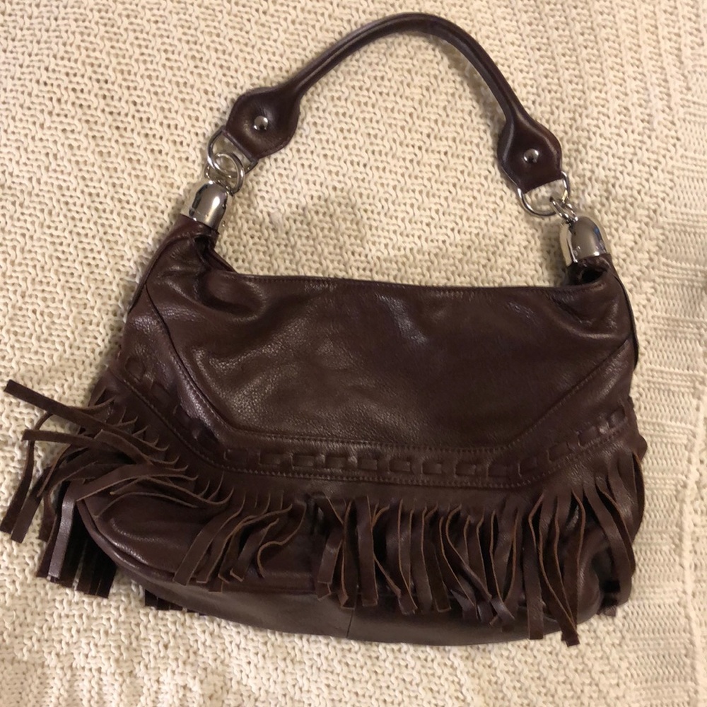 B Makowsky Leather Fringe Hobo Bag